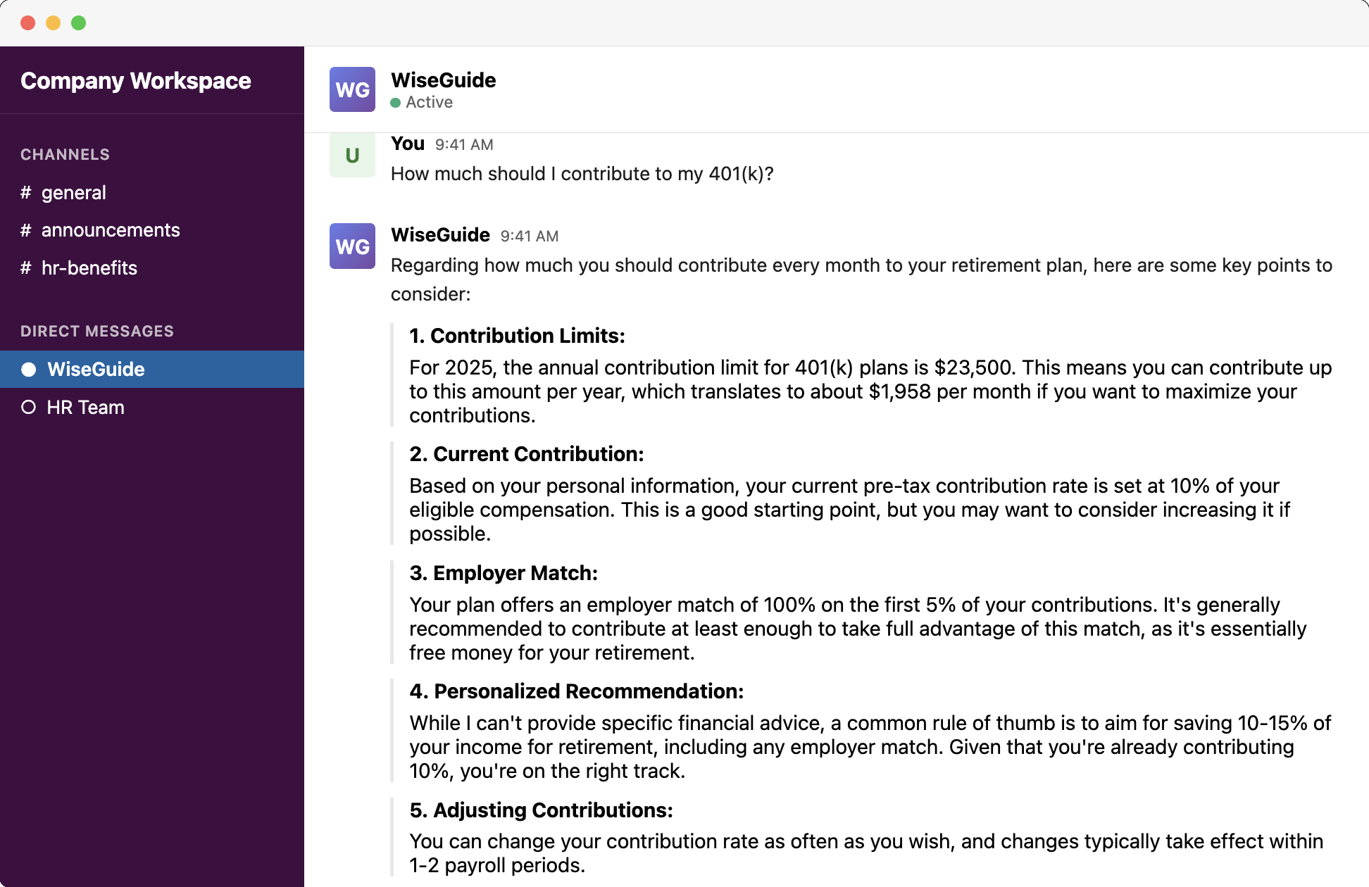 WiseGuide AI assistant in Slack showing 401k contribution guidance